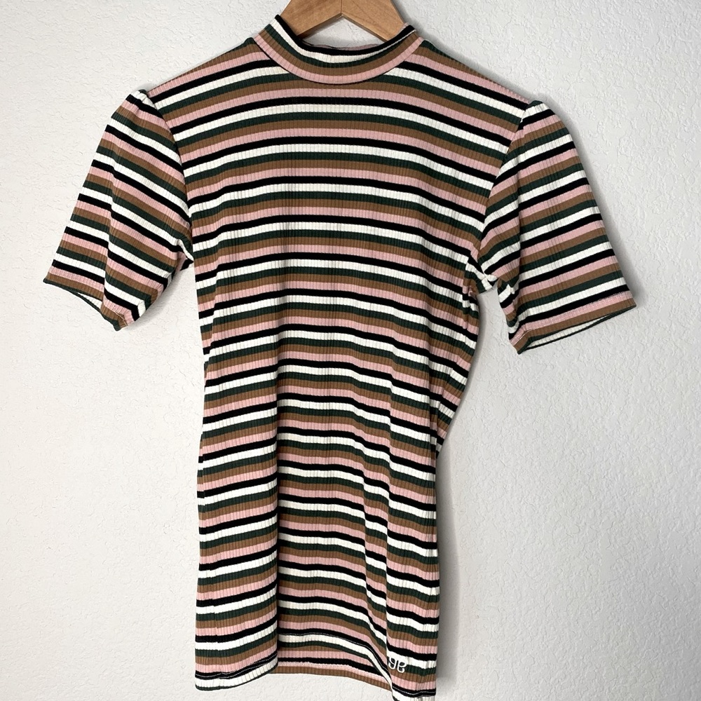 Albion Striped Multicolored Puff Sleeve Mock Neck Top - Size Small- EUC